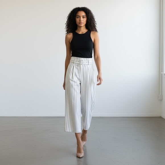 Pants - Free People Ultra High Rise Wide Leg Crop Pant White Striped Boho Pants Belted